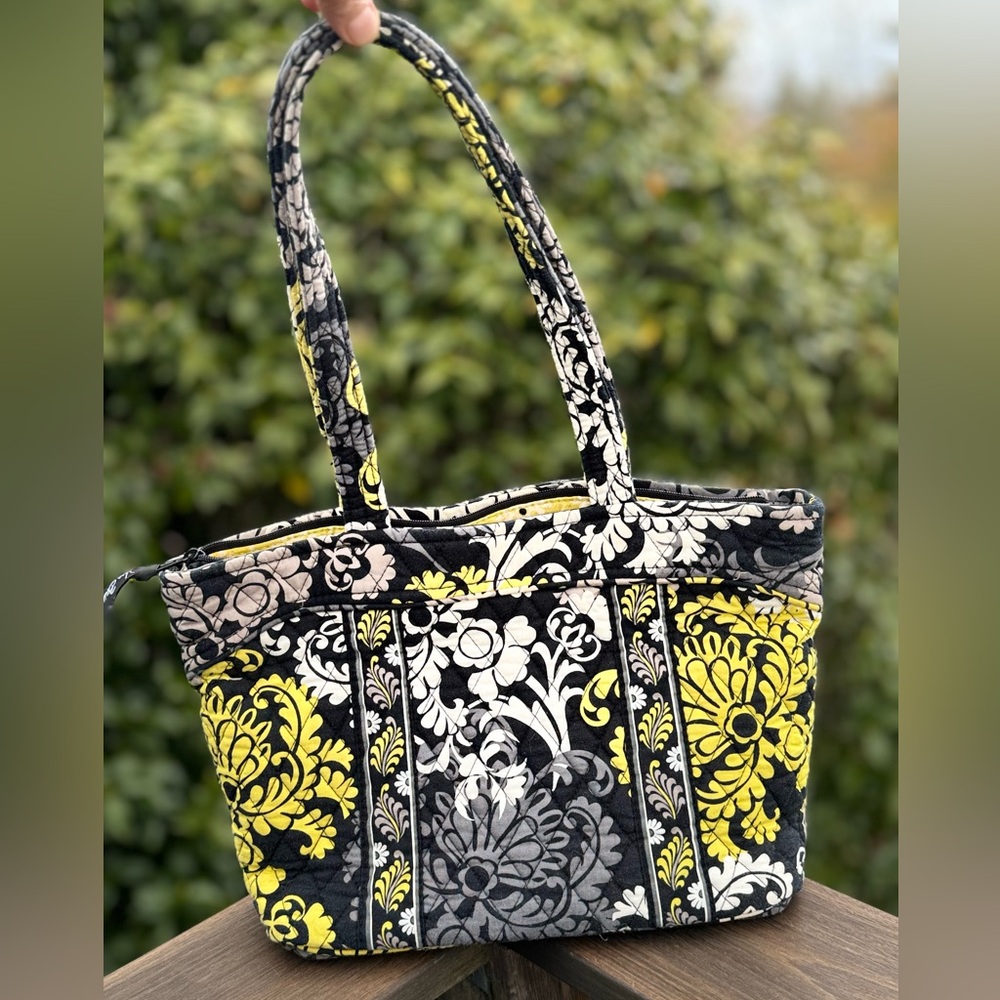 Vera Bradley Small Handbag Vera in Baroque Zipper Black Yellow White Gray Tote